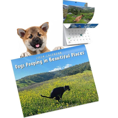 Kalender 2024 mit Hunden, die an schönen Orten kacken