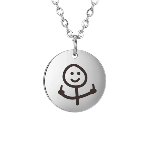Collier pendentif rond Stickman Doigt d'honneur couleur argent