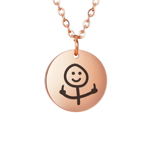 Collier pendentif rond Stickman Doigt d'honneur couleur or rose