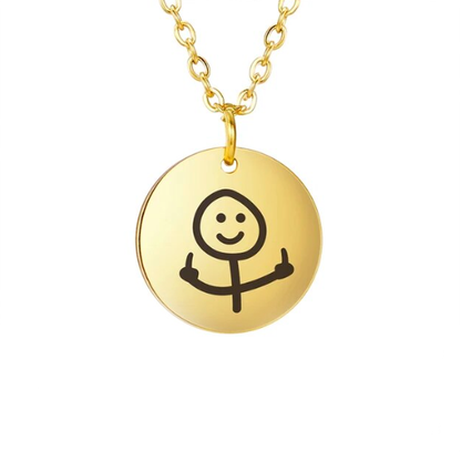 Gold-colored Stickman Middle Finger round pendant necklace