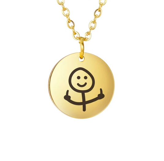 Collier pendentif rond Stickman Doigt d'honneur couleur or