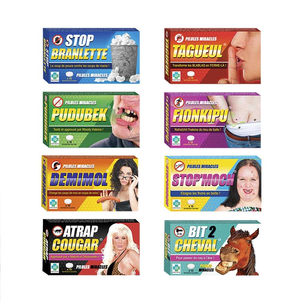 Pilules miracles, les fausses boîtes de médicament humoristique