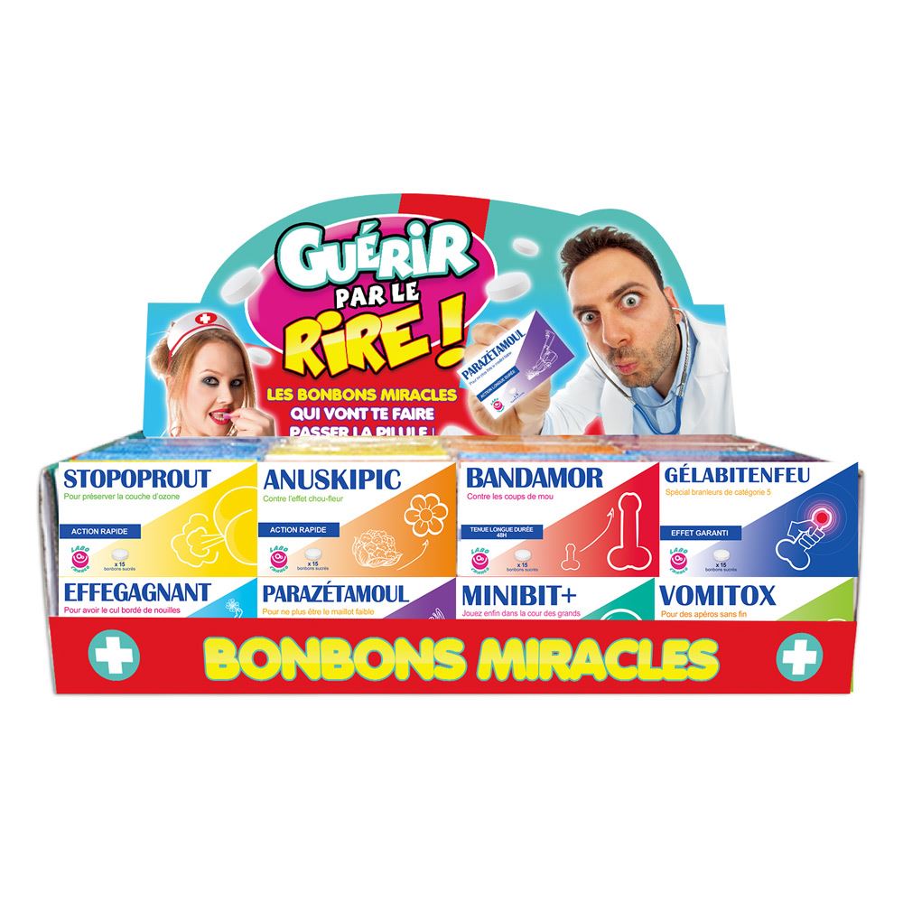 Bonbons miracles, les fausses boîtes de médicament humoristique