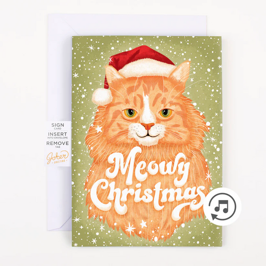 "Merry Christmas" card with endless singing cat and glitter