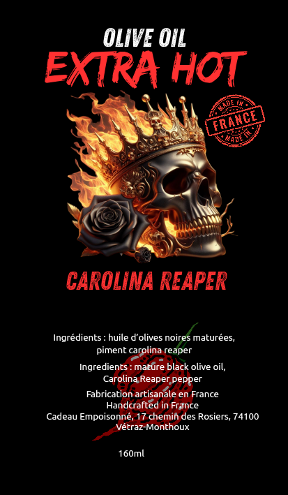 Olive Oil Extra Hot, l'huile d'olive noire maturée au piment Carolina Reaper