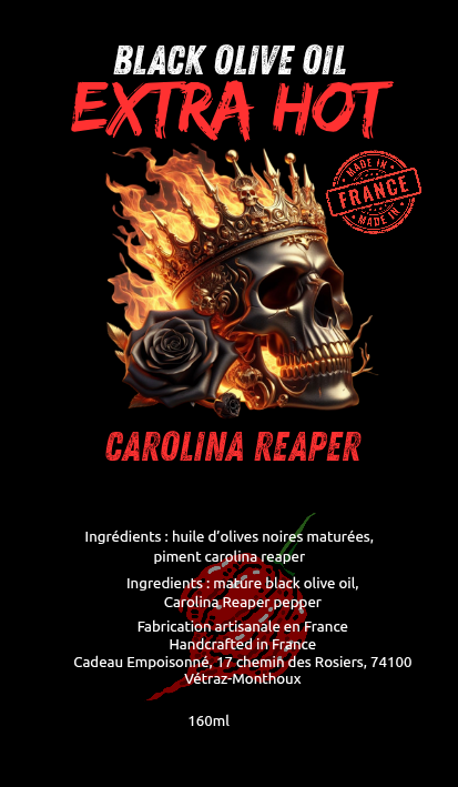 Black Olive Oil Extra Hot, l'huile d'olive noire maturée au piment Carolina Reaper